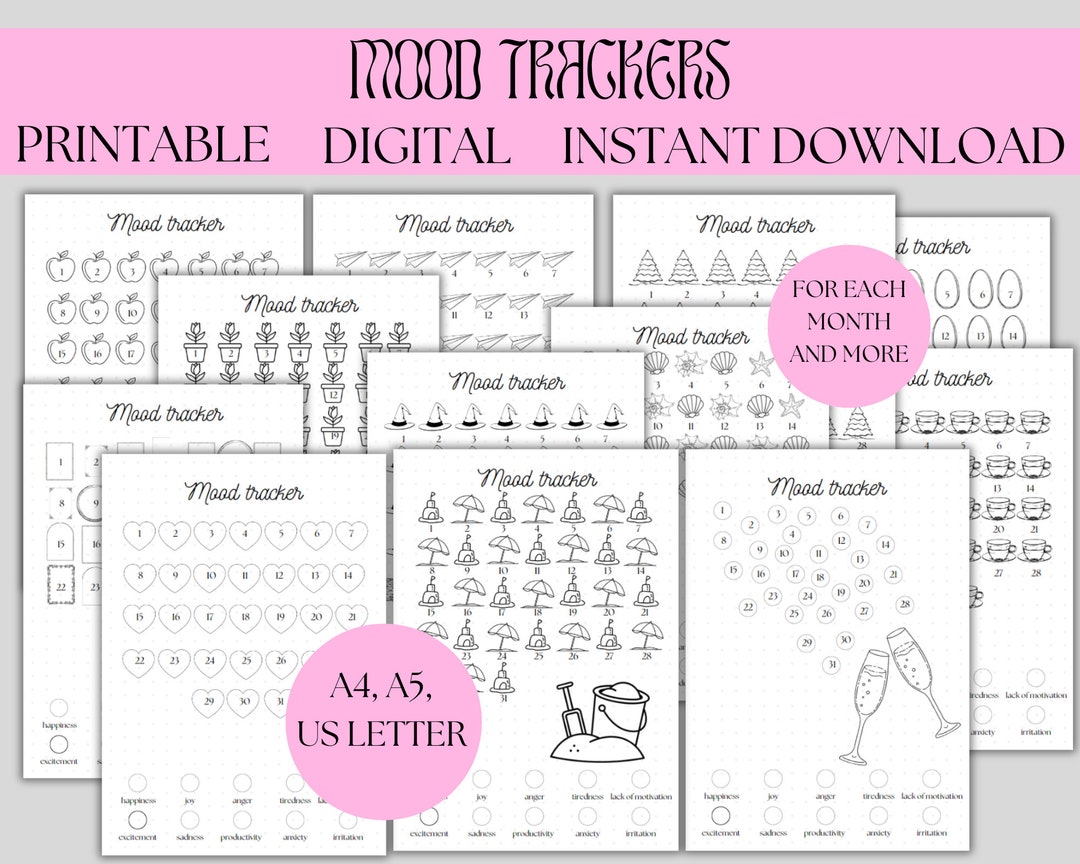 Mood Trackers Printable Kit, Mental Health Tracker, Mood Track Bullet ...