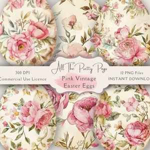 Pink Vintage Easter Egg Watercolour Clipart Bundle, Elegant Card Making Set, Instant Digital Download PNG, Spring PNG, Bonus Gold Text!