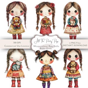 Fille bohème poupées de chiffon PNGs Illustration aquarelle Boho folk jolies filles originales cliparts bundle journal indésirable