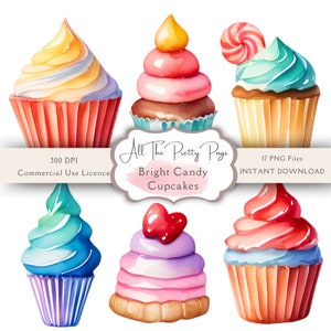PNG Watercolour Candy Cupcakes Clipart Bundle Candy Cupcake Repeat Patterns Candy Land Instant Digital Download PNG Candyland Cupcake Bright