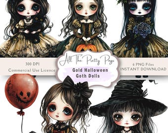 Gold Halloween Gothic Puppen PNGs Aquarell Gruselige Saison Süß Goth Mädchen Clipart Bundle Halloween Muster wiederholen Junk Journal