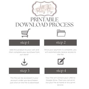 K&ouml;nnte beinhalten: Eine Grafik, die den druckbaren Download-Prozess veranschaulicht. Das Bild zeigt ein Logo, den Titel "PRINTABLE DOWNLOAD PROCESS" und vier Schritte mit Symbolen: einen Einkaufswagen, einen Ordner, einen Download-Pfeil und einen Bleistift. Jeder Schritt enth&auml;lt Anweisungen.