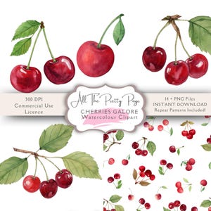 Op de afbeelding: Waterverf clipart met rijpe rode kersen met groene bladeren. De afbeelding bevat individuele kersen en trossen, samen met een naadloos herhalingspatroon. De tekst luidt "CHERRIES GALORE Watercolour Clipart".