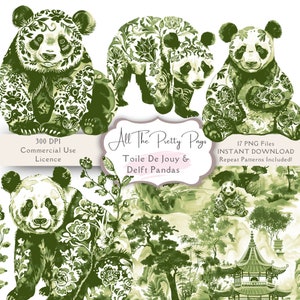 Acquerello verde Toile De Jouy Panda Clipart Bundle Delft Style Panda verde e bianco Toile De Jouy Ripeti modello Download digitale PNG