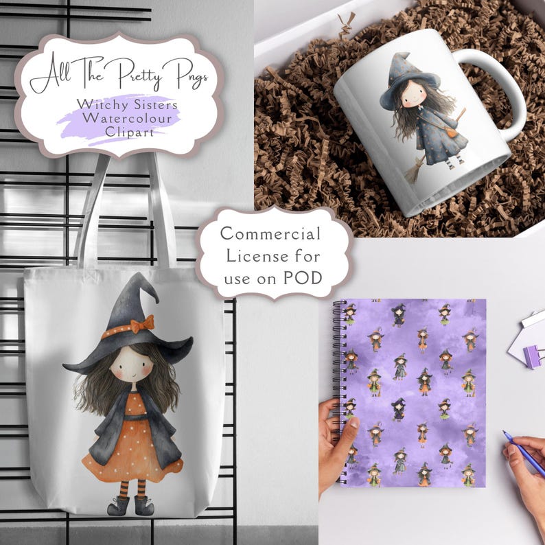 K&ouml;nnte beinhalten: Eine Sammlung von Produkten zum Thema Hexen, darunter eine wei&szlig;e Tragetasche, eine Kaffeetasse und ein Spiralnotizbuch. Die Tragetasche zeigt eine Aquarellillustration einer Hexe. Tasse und Notizbuch haben &auml;hnliche Hexenmotive. Der Text "All The Pretty Pngs" ist sichtbar.