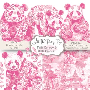 Watercolour Pink Toile De Jouy Panda Clipart Bundle Delft Style Panda Pink & White Toile De Jouy Repeat Patterns Digital Download PNGs