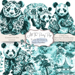 May include: A digital download of 17 teal blue and white panda illustrations. The pandas are in a toile de jouy style with floral patterns. The illustrations include a panda in a traditional Chinese garden setting.