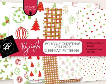 May include: A collection of 12 seamless Christmas-themed papers with repeat patterns. The designs include ornaments, trees, holly, and snowmen in red, green, and gold on a white background. The text says "Bright" and "Scribbly Christmas Volume 2".