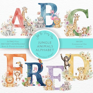 May include: Watercolor jungle animal alphabet letters A, B, C, F, R, E, and D. Each letter is decorated with flowers and jungle animals like giraffes, lions, and monkeys. The image includes the text "Jungle Animals Alphabet".