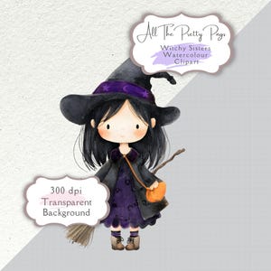 K&ouml;nnte beinhalten: Aquarell-Illustration einer Cartoon-Hexe mit schwarzen Haaren, die einen schwarzen Hut mit lila Akzenten, ein lila Kleid und einen schwarzen Mantel tr&auml;gt. Sie tr&auml;gt einen Besen und eine orangefarbene Handtasche. Text: "All The Pretty Pngs" und "Witchy Sisters Watercolour Clipart".