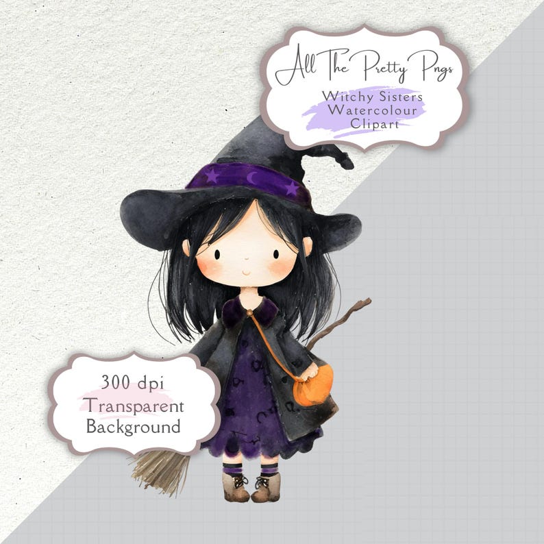 K&ouml;nnte beinhalten: Aquarell-Illustration einer Cartoon-Hexe mit schwarzen Haaren, die einen schwarzen Hut mit lila Akzenten, ein lila Kleid und einen schwarzen Mantel tr&auml;gt. Sie tr&auml;gt einen Besen und eine orangefarbene Handtasche. Text: "All The Pretty Pngs" und "Witchy Sisters Watercolour Clipart".
