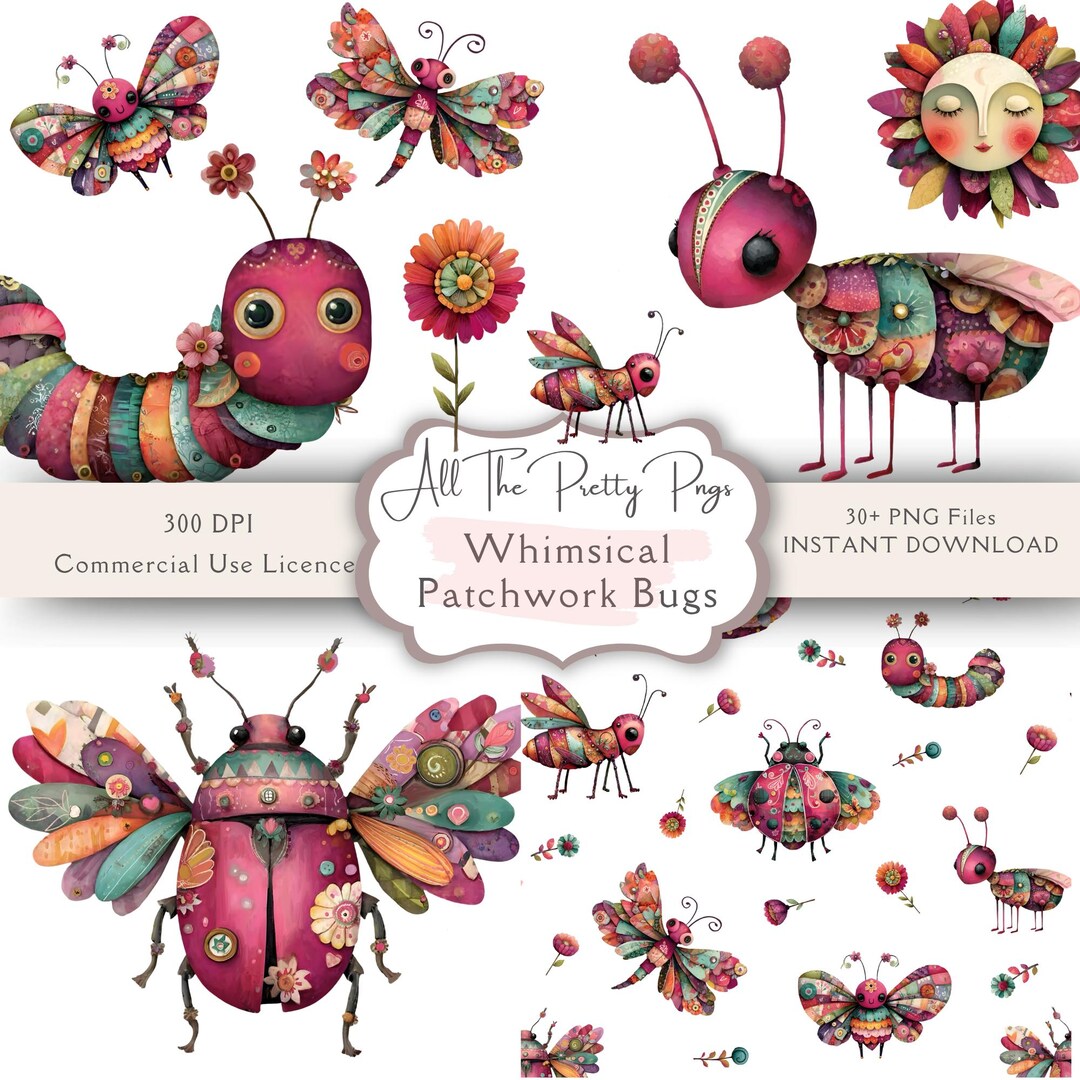 Bug Patchwork Whimsical Patchwork Bugs Clipart PNG Bundle | Watercolour Garden ...