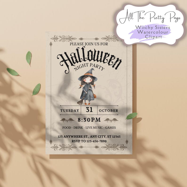 K&ouml;nnte beinhalten: Eine Halloween-Nachtparty-Einladung mit einer Aquarellillustration einer Hexe. Die Einladung enth&auml;lt den Text "PLEASE JOIN US FOR Halloween NIGHT PARTY" und Veranstaltungsdetails. Die Einladung ist mit dekorativen Wirbeln und Bl&auml;ttern verziert.