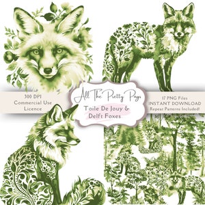 Acquerello Toile De Jouy Green Fox Clipart Bundle Delft Style Fox Toile De Jouy verde e bianco ripetere modelli Download digitale
