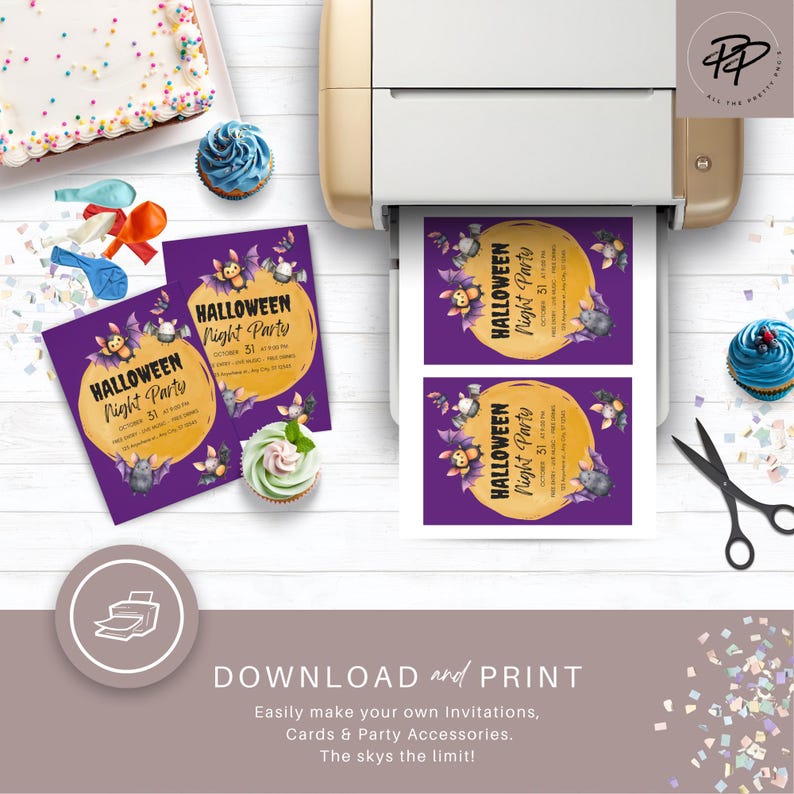 K&ouml;nnte beinhalten: Ein Drucker druckt Halloween-Party-Einladungen. Die Einladungen haben einen lila Hintergrund mit einem gelben Kreis und Fledermausgrafiken. Der Text auf den Einladungen lautet "Halloween Night Party October 31". Weitere Partyartikel sind verstreut.