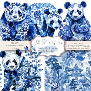 May include: Blue and white watercolor illustration of pandas with a toile de jouy pattern. The image includes 17 PNG files for instant download, including repeat patterns.