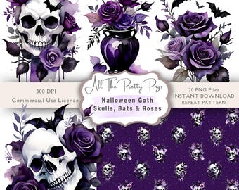 Goth Schädel Fledermäuse & Rosen Halloween PNGs Aquarell Gruselige Schädel Fledermäuse Rosen Clipart Bundle Halloween-Wiederholungsmuster Junk Journal