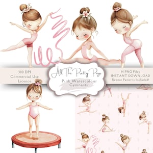 Ginnasta rosa acquerello PNG Clipart per baby shower, asilo nido, bundle di articoli di ginnastica, biglietti d'auguri, inviti minimalisti e neutri