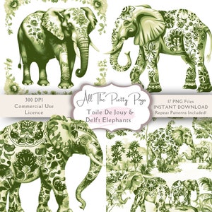 Bundle di clipart elefanti Toile De Jouy dell’acquerello con elefanti stile Delft, verde e bianco Toile De Jouy, ripetizione di modelli, download digitale, PNG