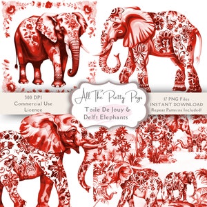 Könnte beinhalten: Rote und weiße Toile de Jouy-Elefanten mit floralen Mustern. Die Elefanten sind in verschiedenen Posen und Größen. Das Bild enthält den Text "All The Pretty Pigs", "Toile De Jouy & Delft Elephants", "300 DPI", "Commercial Use Licence", "17 PNG Files", "INSTANT DOWNLOAD" und "Repeat Patterns Included!"