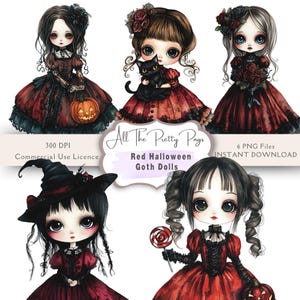 Puede incluir: Conjunto de seis ilustraciones digitales de muñecas góticas rojas con cabello y ojos negros. Las muñecas llevan vestidos rojos con encaje negro y accesorios. Las muñecas sostienen un gato negro, una calabaza, una piruleta y un ramo de rosas rojas.