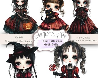 Rote Halloween Gothic Puppen PNGs Aquarell Gruselige Saison Süß Goth Mädchen Clipart Bundle Halloween Muster wiederholen Junk Journal