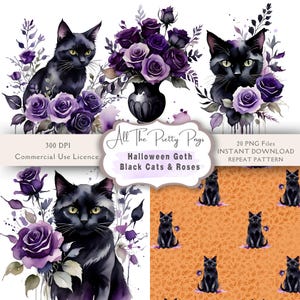 以下が含まれることがあります： 水彩画風の黒い猫と紫のバラをモチーフにした20個のPNGファイルのデジタルダウンロード。ハロウィーンをテーマにしたクラフト、招待状、装飾の作成に最適です。セットには、繰り返しパターンと個別の画像が含まれています。