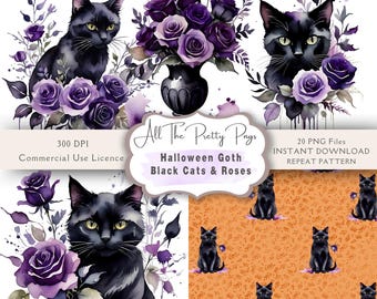 Goth Katzen & Rosen Halloween PNGs Aquarell Gruselige Saison, Schwarze Katzen, Rosen Clipart Bundle Halloween-Wiederholungsmuster Junk Journal