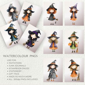 K&ouml;nnte beinhalten: Aquarell-PNGs mit Illustrationen kleiner Hexen in verschiedenen Outfits, die Besen und K&uuml;rbisse halten. Die Bilder sind in einem skurrilen Stil gehalten, mit einer weichen Farbpalette. Der Text auf dem Bild lautet "WATERCOLOUR PNGS" und listet die Verwendungsm&ouml;glichkeiten auf.