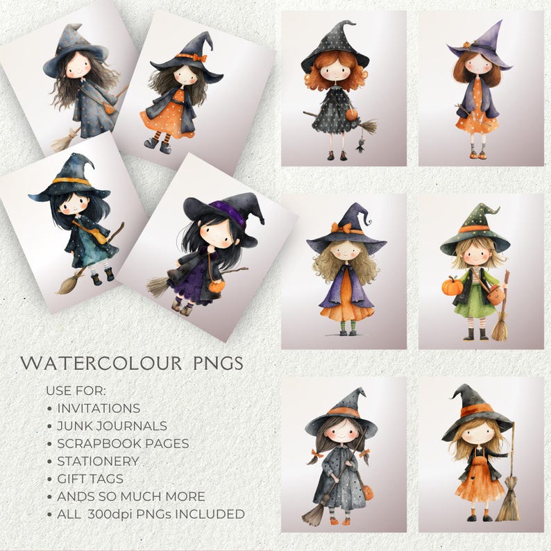 K&ouml;nnte beinhalten: Aquarell-PNGs mit Illustrationen kleiner Hexen in verschiedenen Outfits, die Besen und K&uuml;rbisse halten. Die Bilder sind in einem skurrilen Stil gehalten, mit einer weichen Farbpalette. Der Text auf dem Bild lautet "WATERCOLOUR PNGS" und listet die Verwendungsm&ouml;glichkeiten auf.