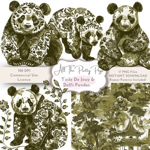 May include: Digital download of 17 green and white panda illustrations with a toile de jouy pattern. The illustrations include a panda with a pagoda, a panda with a bamboo forest, and a panda with a floral pattern. The text "All The Pretty Pngs" and "Toile De Jouy & Delft Pandas" is included in the image.