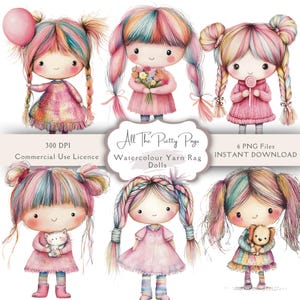 Garn Pastell Rag Dolls PNGs Aquarell Illustration Boho Folk Süß schrullig Mädchen Clipart Gebündelt Junk Journal