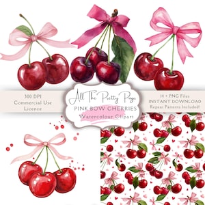 May include: Watercolor clipart featuring clusters of ripe, red cherries tied with pink bows. The image includes individual cherry bunches and a seamless pattern. Text reads "All The Pretty Pngs Pink Bow Cherries Watercolour Clipart".