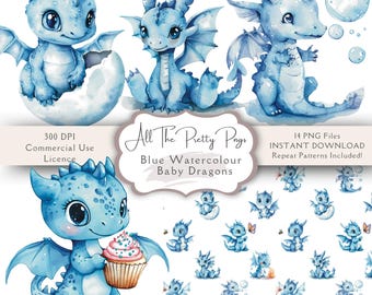 May include: Blue watercolor baby dragons clipart set with 14 PNG files, including repeat patterns. The dragons are in various poses, including holding a cupcake, blowing bubbles, and hatching from an egg.  300 DPI, commercial use license.
