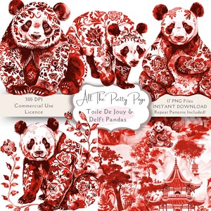 Acuarela Rojo Toile De Jouy Panda Clipart Paquete Delft Estilo Panda Rojo & Blanco Toile De Jouy Repetir Patrón Digital Descargar PNG