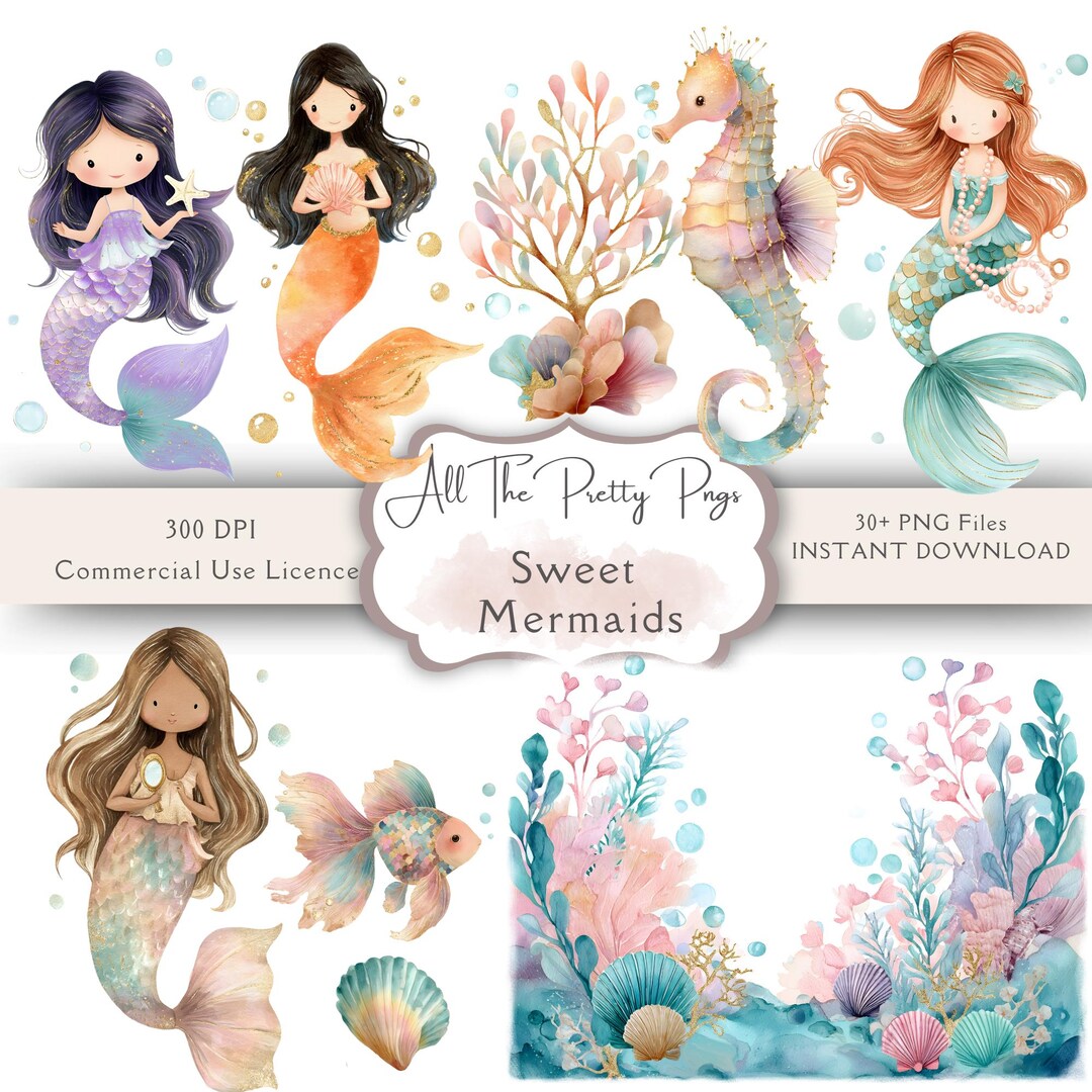 Mermaid Clipart Bundle | Watercolor Cute Mermaid Clipart Png | Sea Life ...