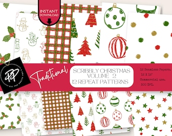 May include: A collection of 12 seamless Christmas patterns with festive designs. The patterns include holly, snowmen, Christmas trees, ornaments, and plaid. The text reads "Scribbly Christmas Volume 2" and "12 Repeat Patterns".