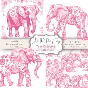 Acquerello Toile De Jouy elefanti Clipart Bundle Elefanti in stile Delft Rosa e bianco Toile De Jouy Ripetizione Motivi Download digitale PNG