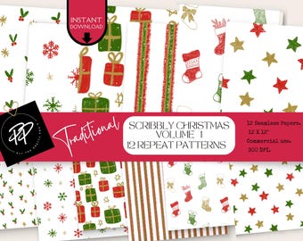 Traditional Christmas Scribbles Hand Drawn Pattern Tiles Vol 1| 12 Seamless 12x12” Patterns | Dark Red, Green & Gold | Watercolour