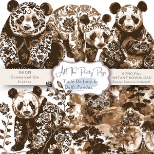May include: A digital download of 17 brown and white panda illustrations with a toile de jouy pattern. The illustrations are perfect for creating digital or printed projects.