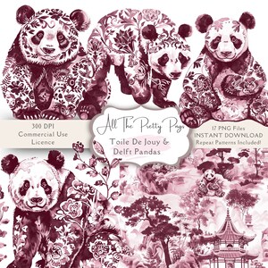 May include: Digital download of 17 pink and white panda illustrations. The pandas are in a toile de jouy style with floral patterns. The illustrations are 300 DPI and include repeat patterns.