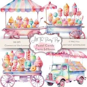 PNG Watercolour Pastel Candy Carts Clipart Bundle Candy Carts Repeat Patterns Candy Land Trees Instant Digital Download Pastel Clip Art