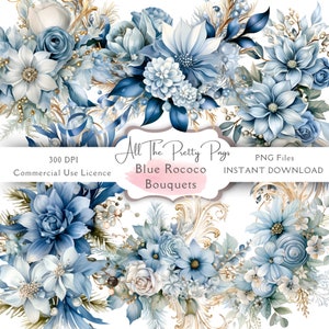 Buquês De Poinsétias Florais Rococó Azul Clipart Criação De Cartão Vitoriano Scrapbooking MixedMedia Gráficos Para Impressão Download Digital Instantâneo PNG