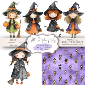 K&ouml;nnte beinhalten: Aquarell-Illustrationen von Hexen, jede mit Hut und Kleid, die K&uuml;rbisse und Besen halten. Der Text enth&auml;lt "All The Pretty Pigs" und "Witchy Sisters Watercolour Clipart".