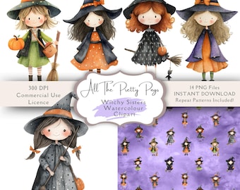 May include: Watercolor clipart featuring illustrations of witchy sisters in various outfits, including hats, dresses, and holding brooms and pumpkins. The image includes text that reads "All The Pretty Pigs" and "Witchy Sisters Watercolour Clipart".