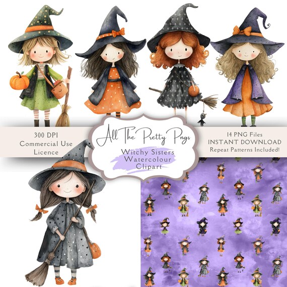 Witchy Sisters | Kawaii Halloween PNGs | Cute Little Witch Clipart | Adorable Halloween Witches |Halloween Seamless Patten |Watercolour PNGS