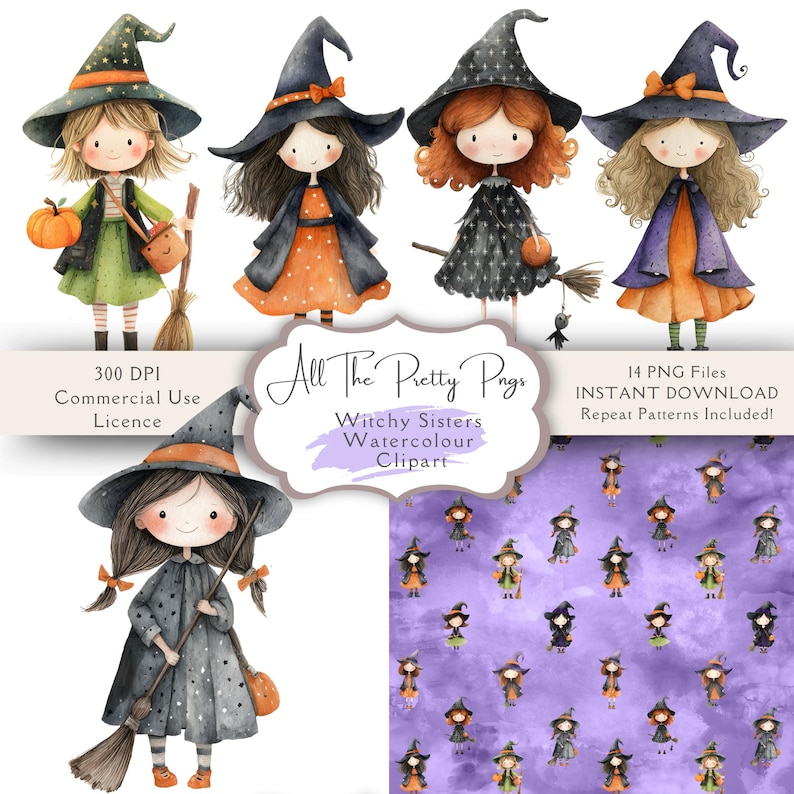 K&ouml;nnte beinhalten: Aquarell-Illustrationen von Hexen, jede mit Hut und Kleid, die K&uuml;rbisse und Besen halten. Der Text enth&auml;lt "All The Pretty Pigs" und "Witchy Sisters Watercolour Clipart".