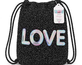 Lwbloom gehaakte rugzak met trekkoord voor meisjes handgemaakte glitter gebreide reistas leuke strandvakantie draagtas LIEFDE mode zwart roze paars groenblauw