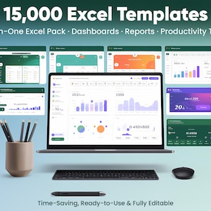Könnte beinhalten: Ein Laptop zeigt mehrere Excel-Tabellenvorlagen mit Diagrammen und Grafiken. Das Bild enthält eine Tastatur, eine Maus und einen Stifthalter mit Bleistiften. Der Text oben lautet "15.000 Excel-Vorlagen". Der Text unten lautet "Zeitsparend, einsatzbereit und voll editierbar".
