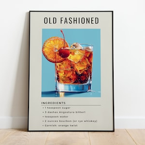 Old Fashioned Cocktail Print | Blue Minimalist Retro Digital Art | Bar Cart Decor | Digital Download PRINTABLE Wall Art